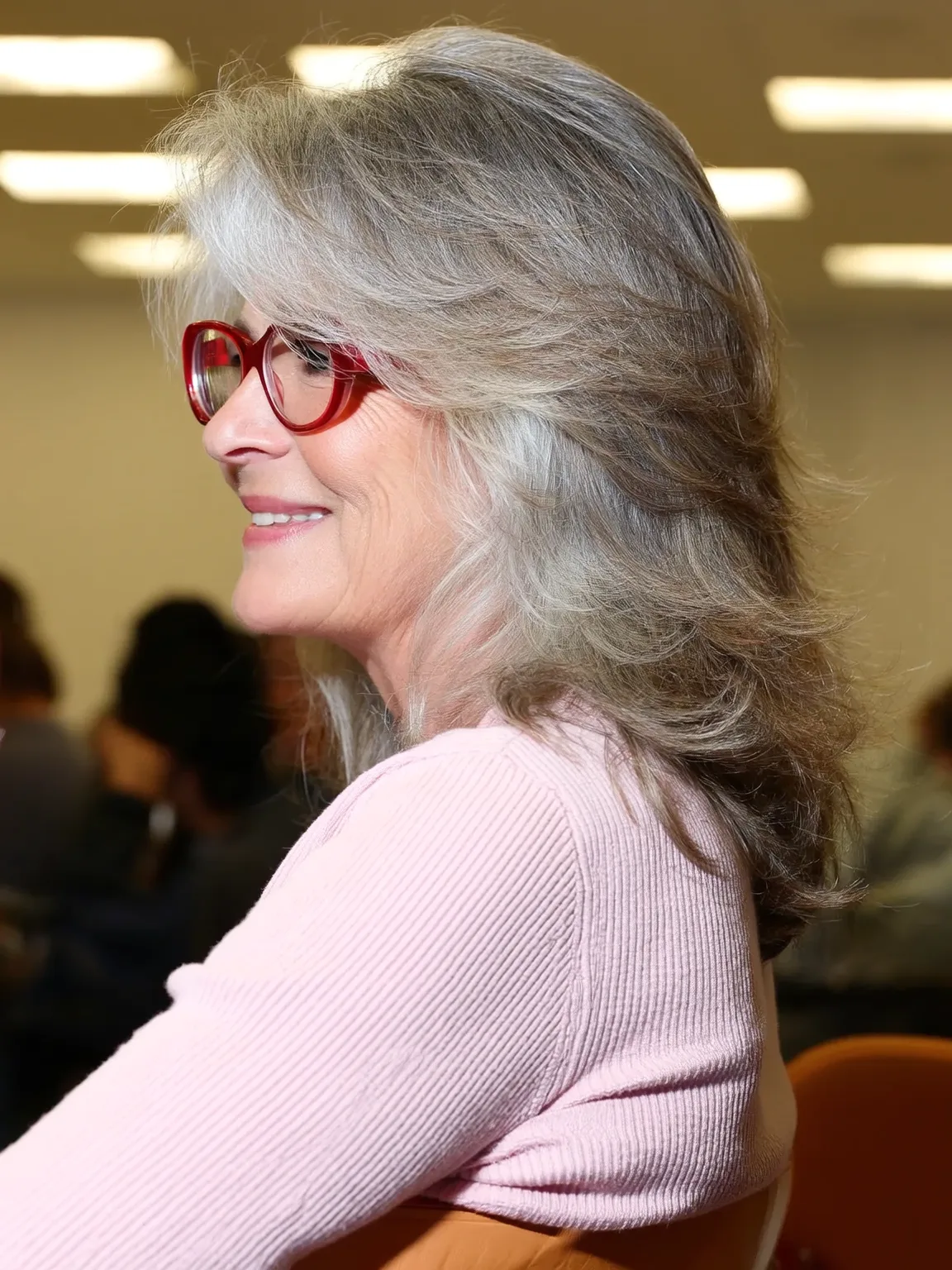 Voluminous Wavy Silver Frost Layers with Side-Swept Bangs